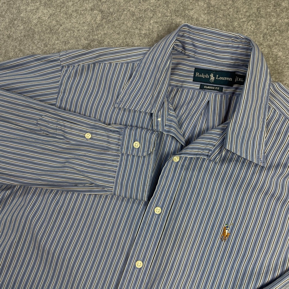 Ralph Lauren Mens Button Down Shirt XL Blue Striped Long Sleeve Classic Fit Prep